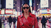 Pellecraft red sheepskin leather long coat worn by woman in New York City street scenes, cinematic fashion video with aesthetic urban cut shots and luxury leather outerwear styling.